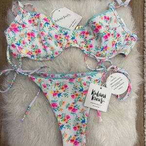 Kulani Kinis Fairytale Floral Ribbed Bikini Set NWT Balconette Top L Bottom M